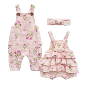 Combi gaze de coton fleuris et son bandeau du 12 au 24 mois