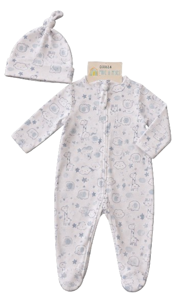 Grenouillère GIRAFE NUAGE et bonnet du 0/3 au 6/9 mois