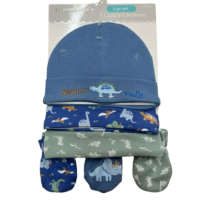 Pack de 3 bonnets et moufles DINO BLEU