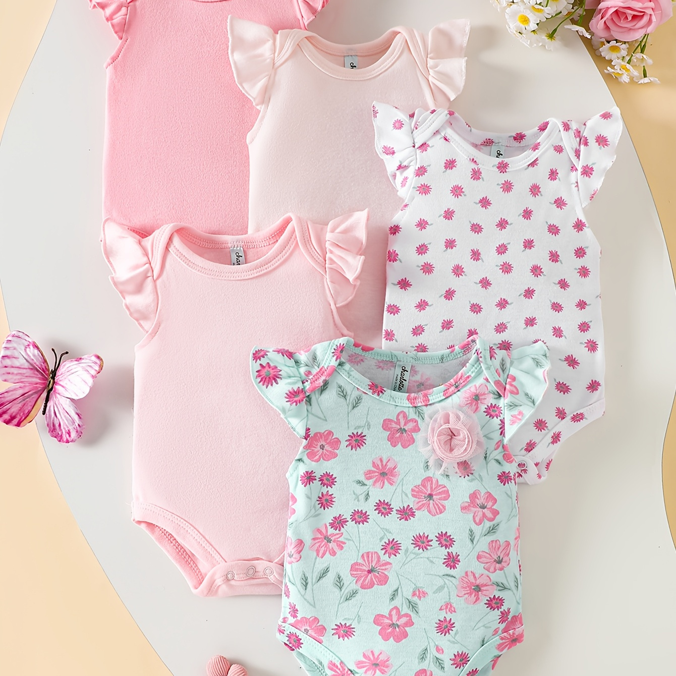 Pack de 5 bodys ROSES - 0/3 mois